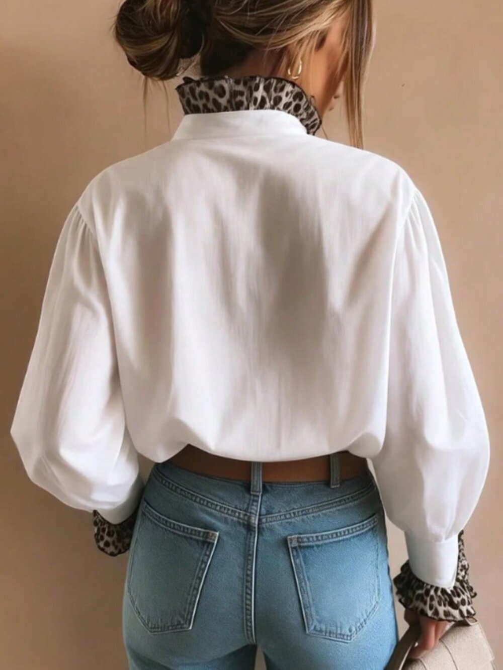 White Casual Women's Leopard Print Splice Collar Shirt - Picture 2 of 6
